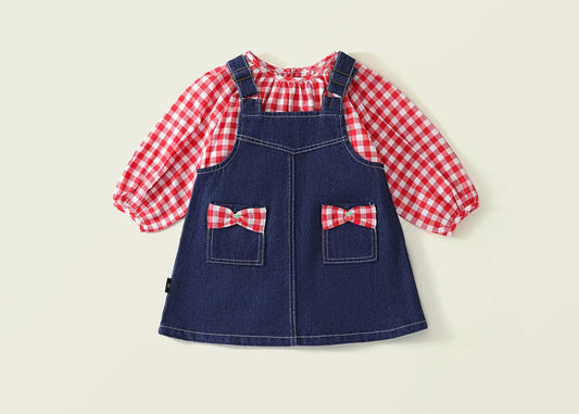 Girls Denim Skirt set with Red gingham shirt