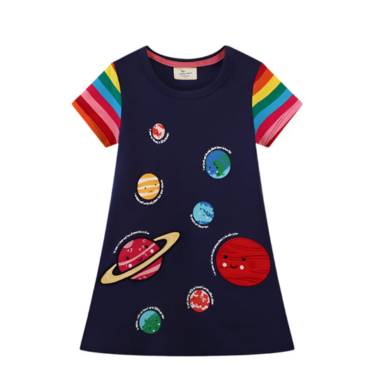 Girls Applique Short Sleeve Dress - Planets