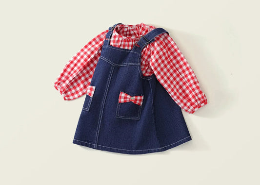 Girls Denim Skirt set with Red gingham shirt