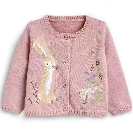 Girls Embroidered Cardigan - Pink Bunny