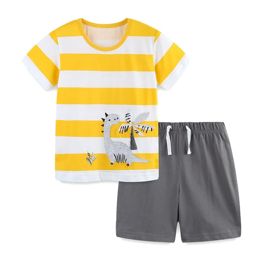 Dino Striped Short Sleeve T shirt & Grey Shorts